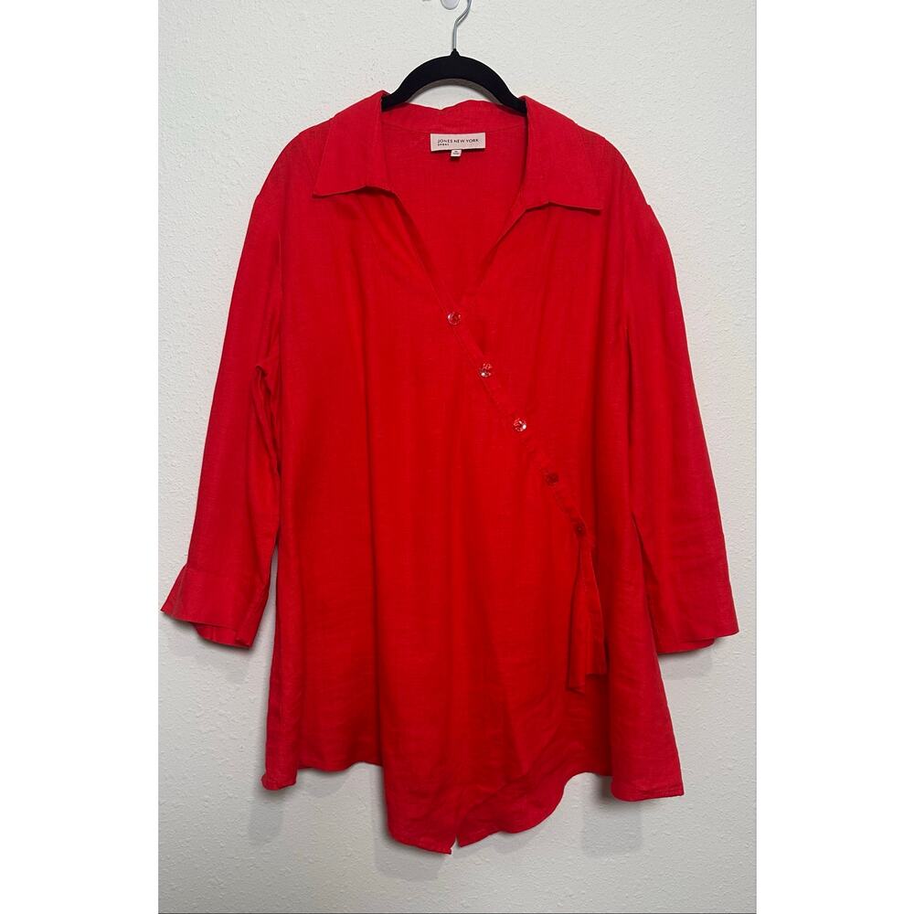 Jones New York Sport Women’s Size XL Red Wrap Front Blouse Top Casual 100% Linen